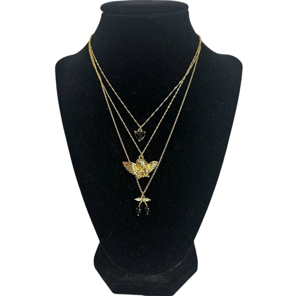 Free People Angels Only 14 K Gold Plated Layered Pendant Necklace / Black - Picture 2 of 5